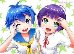  2girls ;d araki_rena blue_eyes blue_hair commentary_request green_eyes kamishiro_sui looking_at_viewer md5_mismatch multiple_girls one_eye_closed open_mouth photoshop_(medium) purple_hair resolution_mismatch ribbon school_uniform serafuku short_hair smile source_larger star_(symbol) starry_background taka_shida tokyo_7th_sisters twitter_username white_background 