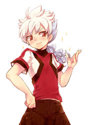  1boy blush hakuryuu_(inazuma_eleven) inazuma_eleven_(series) inazuma_eleven_go inazuma_eleven_go_galaxy long_hair male_focus multicolored_hair photoshop_(medium) ponytail red_eyes resistance_japan simple_background smile soccer_uniform solo sportswear tobi_(one) two-tone_hair white_background 