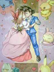  1boy black_hair bow brown_hair couple dancing dress female formal full_body hair_ribbon hairbow hand_holding happy_valentine haruka_(pokemon) image_sample kissing mimatanorochi mudkip no_hat no_headwear pikachu pokemon pokemon_(anime) ribbon satoshi_(pokemon) torchic traditional_media treecko twitter_sample valentine 