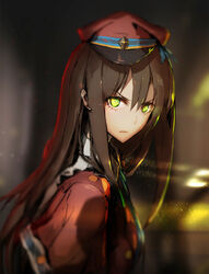  angry brown_hair commentary_request dekitate_evo!_revo!_generation!_(idolmaster) female glowing glowing_eyes green_eyes hat highres idolmaster idolmaster_cinderella_girls long_hair looking_at_viewer lowlight_kirilenko photoshop_(medium) profile revision shibuya_rin solo 