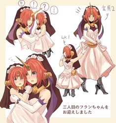  armor bare_shoulders berserker_of_black breasts dress elbow_gloves fate/apocrypha fate_(series) flower gloves hair_over_eyes heterochromia horns one_eye_closed open_mouth red_hair veil white_dress 