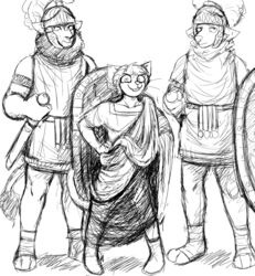  anthro armor black_and_white canid canine canis catligula clothing domestic_cat felid feline felis galea group hair headgear helmet hi_res hladilnik lion male mammal melee_weapon military monochrome pantherine roman shield size_difference smile soldier sword toga warrior weapon wolf 