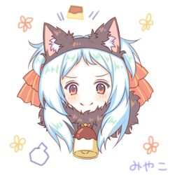  animal_ear_fluff animal_ears bad_id bad_pixiv_id bell black_hairband blue_hair blush bow cat_ears character_name closed_mouth commentary fake_animal_ears female food forehead fur_collar hairband hairbow long_hair miyako_(halloween)_(princess_connect!) miyako_(princess_connect!) parted_bangs portrait princess_connect! pudding puff_of_air red_bow red_eyes sakurato_ototo_shizuku signature simple_background smile solo split_mouth striped striped_bow white_background wolf_ears 