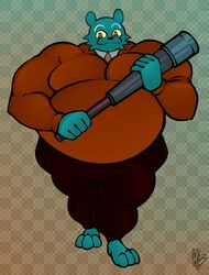  anthro athletic barazoku barefoot baseball_bat bat_(object) bear belly biceps big_muscles biped bulge checkered checkered_background cheek_tuft clothing collectollider eyebrows facial_tuft feet huge_muscles humanoid_hands male mammal mr._chazokov musclegut muscular muscular_anthro muscular_male night_in_the_woods overweight overweight_anthro overweight_male pattern_background paws pecs red_eyes shirt simple_background smile solo stout_(disambiguation) sweater telescope topwear tuft undershirt yellow_sclera 