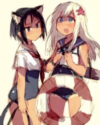  2girls :d animal_ears bad_id bad_twitter_id black_eyes black_hair blonde_hair blue_eyes cat_ears cat_tail commentary creator_connection crop_top crossover flower furiata hair_flower hair_ornament kantai_collection konami_mecha_musume lifebuoy long_hair lowres multiple_girls ohashi_(hashidate) one-piece_tan open_mouth ro-500_(kancolle) school_uniform serafuku short_hair smile swim_ring tail tan tanlines torpedo 