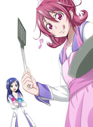  2girls :d :q aida_mana animal animal_hug apron blue_eyes blue_hair blue_sailor_collar can&#039;t_be_this_cute_10 commentary_request dokidoki!_precure eighth_note frying_pan hishikawa_rikka holding holding_spatula licking_lips multiple_girls musical_note oogai_daiichi_middle_school_uniform open_mouth parody pink_eyes pink_hair precure rakeru_(dokidoki!_precure) roaru_(gyuren) sailor_collar school_uniform sharuru_(dokidoki!_precure) short_hair simple_background smile spatula tongue tongue_out white_background 