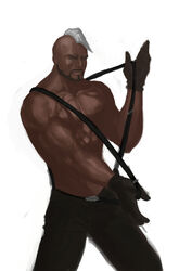  1boy abs black_gloves commentary_request dark-skinned_male dark_skin diestro facial_hair gloves goatee male_focus mohawk muscular pants photoshop_(medium) seth_(kof) solo suspenders suspenders_pull the_king_of_fighters topless_male very_dark_skin white_hair 