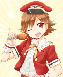  ;d blush brown_eyes brown_hair chicken_(food) commentary_request dated dekitate_evo!_revo!_generation!_(idolmaster) female food fried_chicken hand_on_own_hip hat honda_mio idolmaster idolmaster_cinderella_girls nagian one_eye_closed open_mouth peaked_cap pinky_out short_hair smile solo wrist_cuffs 