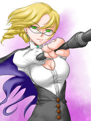  ^jj^ blonde_hair breasts cleavage cleavage_cutout clothing_cutout commentary_request female foreshortening glasses glynda_goodwitch green_eyes medium_breasts rwby solo wand 