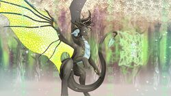  big_ears blade blurred_background brown_body brown_fur cjk_character dragon female feral flying forest fur green_eyes horn japanese_text lovelover magic membrane_(anatomy) membranous_wings mythological_creature mythological_scalie mythology outside palms plant scalie text tree ward wings 