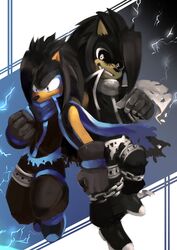  2017 absurd_res alter_ego anthro black_sclera blue_eyes chains clothed clothing duo electricity eulipotyphlan fan_character gloves handwear hedgehog hi_res male mammal mothmandraws scarf sega sonic_the_hedgehog_(series) torn_clothing white_eyes 