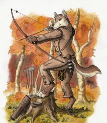  0laffson 2018 4_toes 5_fingers anthro archer arrow_(weapon) autumn barefoot black_nose bottomwear bow_(weapon) brown_body brown_eyes brown_fur canid canine canis claws clothed clothing dated digitigrade feet fingers fringe_clothing fungus fur grass hi_res holding_bow_(weapon) holding_object holding_ranged_weapon holding_weapon hunter_(number01hunter) looking_forward mammal mushroom outside painting_(artwork) pants plant quiver_(object) ranged_weapon shirt signature smile solo standing tail toes topwear traditional_media_(artwork) tree_stump watercolor_(artwork) weapon white_body white_fur wolf 