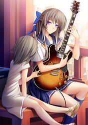  2girls 440_(straight440) bow brown_hair cable commentary_request dress gibson_es-335 guitar hairbow ibanez instrument long_hair looking_at_another multiple_girls original purple_eyes school_uniform short_hair sitting skirt smile 