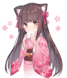  animal_ears baozi blush bow brown_eyes brown_hair commentary_request female fingernails floral_print food fox_ears hairbow highres holding holding_food japanese_clothes kimono konohana_kitan long_hair long_sleeves makiaato obi pink_kimono print_kimono red_bow sakura_(konohana_kitan) sash simple_background solo very_long_hair white_background wide_sleeves 