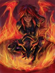  alternate_costume armor commentary english_commentary female fire gauntlets highres ironscale_shyvana league_of_legends long_hair phantom_ix_row red_eyes red_hair shyvana slit_pupils smile solo squatting 