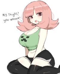  bare_shoulders black_shorts black_thighhighs breasts brown_hair cleavage creeper danganronpa_(series) danganronpa_2:_goodbye_despair english_text female flipped_hair galaga green_shirt grey_background hair_ornament highres large_breasts looking_at_viewer m3link minecraft mole mole_on_breast nanami_chiaki navel pink_eyes pink_hair shirt shorts simple_background solo thighhighs 