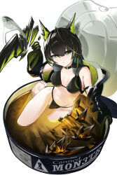  absurdres animal_ears arknights bare_shoulders barefoot bikini black_bikini black_choker black_gloves black_hair black_jacket breasts can character_name choker closed_mouth elbow_gloves female gloves green_eyes green_hair green_jacket hair_between_eyes highres in_water jacket jambaeng long_sleeves looking_at_viewer mon3tr_(arknights) multicolored_hair navel no_pants no_shoes originium_(arknights) rhodes_island_logo_(arknights) simple_background sitting solo string_bikini swimsuit two-tone_hair unworn_jacket water 