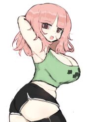  :d alternate_costume arms_up black_shorts black_thighhighs breasts cleavage creeper danganronpa_(series) danganronpa_2:_goodbye_despair female from_side galaga green_shirt highres jacket large_breasts long_hair looking_at_viewer m3link medium_hair minecraft mole mole_on_breast nanami_chiaki pink_hair shirt shorts simple_background smile thighhighs 