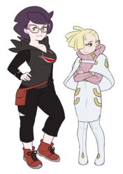  1boy 1girls aether_foundation arms_crossed breasts clothing_swap crossdressing cute gladion_(pokemon) glasses human human_only pokemon pokemon_sm sealguy thick_thighs wicke_(pokemon) wide_hips 