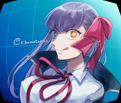  bb_(fate) bb_(fate/extra) breasts cibamatoxins commentary_request covered_nipples fate/extra fate/extra_ccc fate_(series) female hair_ribbon heterochromia highres large_breasts long_hair orange_eyes portrait purple_eyes purple_hair red_ribbon ribbon solo tongue tongue_out twitter_username 