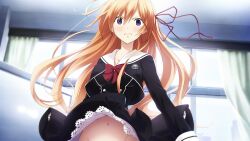  black_dress black_skirt blonde_hair blue_eyes blush bow bowtie breasts buttons chaos;child clothes_lift collarbone cropped_jacket double-breasted dress dress_lift female floating_hair from_below game_cg groin hair_between_eyes hair_ribbon hekiho_academy hekiho_academy_uniform highres indoors kurusu_nono long_hair medium_breasts navel no_panties non-web_source official_art out-of-frame_censoring petticoat red_bow red_bowtie red_ribbon ribbon sasaki_mutsumi school_uniform short_dress skirt skirt_lift slip_showing solo standing stomach upper_body upskirt very_long_hair white_petticoat wind wind_lift 