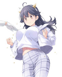  1other ahoge beans black_hair blush bouncing_breasts breasts fake_horns female gloves hair_between_eyes hair_ornament highres horns jacket kantai_collection large_breasts long_hair long_sleeves open_clothes open_jacket sakana_(flame_sakana) setsubun shirt simple_background skirt smile solo_focus sweatdrop ushio_(kancolle) ushio_kai_ni_(kancolle) ushio_kai_ni_(setsubun)_(kancolle) white_background white_gloves white_shirt 