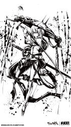  bamboo bodysuit closed_mouth commentary english_commentary female goddess_of_victory:_nikke greyscale hat high_heels highres holding holding_sword holding_weapon jingasa katana long_hair looking_at_viewer monochrome official_art scarlet_(nikke) solo standing standing_on_one_leg sword traditional_media vambraces weapon 