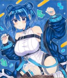  bare_shoulders blue_background blue_eyes blue_hair blue_jacket blue_nails blush boots breasts closed_mouth collarbone double_bun duel_monster earrings evil_twin_lil-la fishnet_thighhighs fishnets hair_bun hip_vent ichinose_haruka jacket jewelry large_breasts leotard lil-la_(yu-gi-oh!) marker_(medium) official_alternate_costume official_alternate_hairstyle open_clothes open_jacket short_hair sweat thigh_strap thighhighs traditional_media white_boots white_leotard yu-gi-oh! 