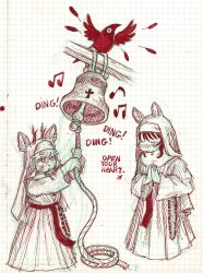  ambiguous_gender anthro antlers avian beads belt bird blush bonnie_guerra christian_cross christian_symbol christianity cigarette cigarette_in_mouth clothing cross deer dress english_text feathers female feral grackle group guide_lines hands_together heart_symbol hi_res holding_object holding_rope horn icterid mammal musical_note musical_symbol nun nun_habit nun_outfit object_in_mouth onomatopoeia oscine passerine perching prayer_beads praying religion religious_clothing restricted_palette ring ringing_bell rope rosary simple_background smile sound_effects symbol text traditional_media_(artwork) white_background 