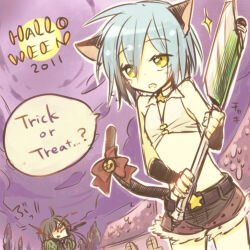  1boy 2011 animal_ears ark_kan assassin_(ragnarok_online) axe belt_buckle bikini bikini_top_only black_hair black_shorts blood blue_hair bow buckle cat_ears cat_girl cat_tail cloud commentary_request cowboy_shot female flat_chest full_moon fur-trimmed_shorts fur_trim halloween holding holding_axe house looking_at_viewer lowres male_focus midriff moon nosebleed open_mouth purple_sky ragnarok_online red_bow short_hair short_shorts shorts sky star_(symbol) swimsuit tail tail_bow tail_ornament trick_or_treat white_bikini whitesmith_(ragnarok_online) yellow_eyes 