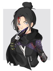  animification apex_legends black_bodysuit black_hair black_scarf blood blood_on_face bodysuit border breasts covered_mouth english_commentary female grey_background hair_behind_ear hair_bun highres holding holding_knife hope&#039;s_dusk_(apex_legends) itsaboutspoons knife kunai looking_to_the_side medium_breasts nose_piercing outside_border parted_bangs piercing scarf single_hair_bun solo upper_body weapon white_border wraith_(apex_legends) 