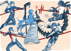  5boys abs armor back belt blue_hair bodypaint bodysuit bracelet claws crescent crescent_necklace crotch_plate cu_chulainn_(caster)_(fate) cu_chulainn_(fate) cu_chulainn_(fate/prototype) cu_chulainn_(fate/stay_night) cu_chulainn_(second_ascension)_(fate) cu_chulainn_alter_(fate) detached_sleeves earrings elbow_gloves fate/grand_order fate/prototype fate/stay_night fate_(series) fighting_stance fingerless_gloves from_behind from_side full_body fur gae_bolg_(fate) gloves greaves harem_pants holding holding_weapon jewelry jumping keyhof long_hair male_focus monster_boy multiple_boys multiple_persona navel necklace official_alternate_costume pants pauldrons polearm polearm_behind_back ponytail red_eyes rune sandals short_hair shoulder_armor skin_tight spear spiked_hair spikes staff strap tail tank_top vambraces very_long_hair weapon wooden_staff 