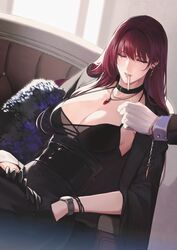  bad_id bad_pixiv_id black_dress black_gloves bracelet breasts choker cigarette cleavage closed_eyes coat collarbone commentary_request couch cowboy_shot dress earrings fate/grand_order fate_(series) female fire fur_trim gloves hair_between_eyes hand_in_pocket hand_on_lap jacket jacket_on_shoulders jewelry large_breasts leaning_back lighting_cigarette long_hair looking_down mature_female mouth_hold out_of_frame parted_lips pendant purple_hair red_hair reroi scathach_(fate) sitting sleeveless sleeveless_dress solo_focus suit_jacket swept_bangs unworn_gloves watch white_gloves window wristwatch 