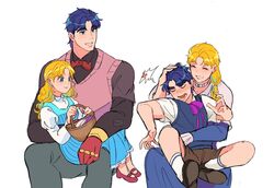  2boys 2girls 7aizagatha aged_down anger_vein basket blonde_hair blue_dress blue_eyes blue_hair blush capelet choker closed_eyes dress dual_persona erina_pendleton gloves grin hand_on_another&#039;s_head highres holding holding_basket hug jojo_no_kimyou_na_bouken jonathan_joestar long_hair long_sleeves looking_at_another multiple_boys multiple_girls open_mouth phantom_blood picnic_basket shorts sitting sitting_on_person smile socks spoken_anger_vein sweater_vest time_paradox white_background white_socks 