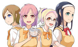  4girls :d aoki_tooko black-framed_eyewear black_hair blonde_hair blue_eyes bow bowl bowtie brown_eyes brown_hair closed_mouth glasses hairband hi_iro holding kukuri_mika looking_at_viewer multiple_girls naruse_naoko open_mouth orange_bow orange_bowtie over-rim_eyewear photoshop_(medium) pink_hair ponytail red_bow red_bowtie school_uniform scrunchie semi-rimless_eyewear shirt short_hair simple_background smile toyokawa_himeno upper_body white_background white_hairband white_shirt yakunara_mug_cup_mo 