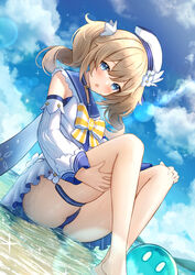  :o barbara_(genshin_impact) barbara_(summertime_sparkle)_(genshin_impact) bare_legs bare_shoulders barefoot blonde_hair blue_eyes blue_one-piece_swimsuit blue_sailor_collar blue_sky blush bow casual_one-piece_swimsuit cloud creature day detached_sleeves dutch_angle female genshin_impact hat highres jori legs lens_flare long_hair long_sleeves official_alternate_costume one-piece_swimsuit open_clothes open_mouth sailor_collar sailor_hat shallow_water skindentation sky slime_(genshin_impact) solo striped striped_bow swimsuit swimsuit_under_clothes thigh_strap twintails water white_hat yellow_bow 