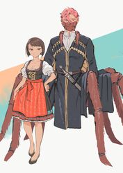  1boy absurdres akaneko_(redakanekocat) alternate_costume apron arachne_boy arthropod_boy arthropod_limbs black_dress blouse bob_cut breasts brown_eyes brown_hair cleavage commentary_request cross-laced_clothes dagger dirndl dress earrings extra_eyes female flats german_clothes hachikyaku_rozunieru hair_between_eyes hand_on_own_hip highres jewelry knife long_sleeves looking_at_viewer mandibles mask medium_breasts monster_boy parted_lips pinafore_dress pink_hair pixiv_fantasia pixiv_fantasia_last_saga puffy_short_sleeves puffy_sleeves red_eyes red_skirt robe rudia_of_the_moon_smile sheath sheathed shirt short_hair short_sleeves simple_background skirt sleeveless sleeveless_dress smile spider_boy standing swept_bangs sword taur teeth waist_apron weapon white_shirt 