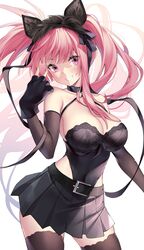  absurdres animal_ears azur_lane bad_id bad_twitter_id bare_shoulders belt black_belt black_gloves black_ribbon black_skirt black_thighhighs breasts commentary cowboy_shot detached_sleeves fake_animal_ears female floating_hair gloves grin hair_ribbon highres la_galissonniere_(azur_lane) la_galissonniere_(black_cat_of_all_hallows&#039;_eve)_(azur_lane) large_breasts long_hair looking_at_viewer miniskirt o-ring official_alternate_costume pink_eyes pink_hair pleated_skirt ribbon skirt smile solo thighhighs thighs uosaasou 