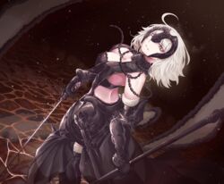  armor blonde_hair breasts chains cleavage fate/grand_order fate_(series) female from_above from_behind gauntlets gorget headpiece highres jeanne_d&#039;arc_alter_(avenger)_(fate) jeanne_d&#039;arc_alter_(fate) pale_skin ru_251 sheath short_hair solo sword water weapon wind yellow_eyes 