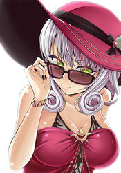  adjusting_eyewear black-framed_eyewear black_nails breasts carmilla_(fate) carmilla_(swimsuit_rider)_(fate) carmilla_(swimsuit_rider)_(first_ascension)_(fate) cleavage closed_mouth eyelashes fate/grand_order fate_(series) female green_eyes highres large_breasts long_hair looking_over_eyewear nail_polish red_headwear simple_background smile solo sonoda_juuka sunglasses tinted_eyewear white_background white_hair wristband 