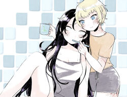  2girls animification apex_legends bad_id bad_pixiv_id black_hair blonde_hair blue_eyes breasts brushing_another&#039;s_teeth camisole cleavage collarbone cup grey_camisole grey_eyes grey_shorts head_tilt holding holding_cup kogomo long_hair looking_at_another medium_breasts mug multiple_girls nessie_(respawn) orange_shirt scar scar_on_cheek scar_on_face scar_on_leg shirt short_hair shorts sitting smile wattson_(apex_legends) wraith_(apex_legends) yuri 