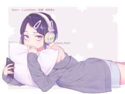  blue_eyes blue_hair boku_no_hero_academia cellphone commentary_request female grey_hoodie hair_ornament hairclip headphones holding holding_phone hood hoodie hugging_object jirou_kyouka long_sleeves lying mizuki_mau off_shoulder on_stomach phone pillow pillow_hug pout short_hair smartphone solo twitter_username 