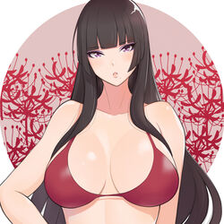  bare_shoulders bikini black_hair blunt_bangs breasts cleavage collarbone dead_or_alive dead_or_alive_xtreme eyeshadow female flower konishiki_(52siki) large_breasts long_hair looking_at_viewer makeup mole mole_under_mouth nyotengu open_clothes purple_eyeshadow red_bikini sidelocks solo spider_lily swimsuit upper_body very_long_hair 