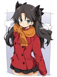  black_ribbon black_skirt blue_eyes blush breath buttons double-breasted fate/stay_night fate_(series) female hair_ribbon jacket long_hair long_sleeves murakami_meishi orange_scarf ribbon scarf simple_background skirt smile solo tohsaka_rin two_side_up white_background 