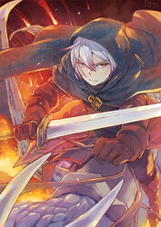  1boy alternate_form black_cloak black_pants boots brown_footwear brown_gloves cloak commentary_request dragon dragon_riding ezel_the_king_of_fire_and_iron falia_the_queen_of_the_mountains female gloves highres holding holding_sword holding_weapon hood kagamiko looking_at_viewer multicolored_hair pants pixiv_fantasia pixiv_fantasia_last_saga red_eyes red_hair reins stirrups_(riding) sword weapon white_hair 