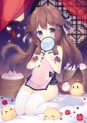  alternate_costume animal_ears azur_lane bamboo_steamer bird blue_eyes bow brown_hair chick china_dress chinese_clothes circle commentary_request covering_own_mouth crescent crescent_hair_ornament curtains dog_ears dog_girl dog_tail dress female flower food full_body fumizuki_(azur_lane) hair_ornament hairbow hairclip hand_fan highres holding holding_fan knees_together_feet_apart lantern lattice long_hair manjuu_(azur_lane) no_shoes pink_dress ribbon round_window see-through short_dress sitting sleeveless sleeveless_dress tail thighhighs thighs tsukimi_(xiaohuasan) tuanshan two_side_up white_thighhighs window 