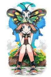  bandana bare_arms beautifly bike_shorts black_socks bug butterfly closed_mouth commentary_request day dress female flower gloves green_bandana hands_up head_rest highres ittumozzz may_(pokemon) on_head orange_dress orange_footwear outdoors pokemon pokemon_(creature) pokemon_emerald pokemon_on_head pokemon_rse shoes short_dress sitting sky sleeveless sleeveless_dress socks yellow_flower 