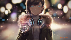  absurdres black_gloves blue_eyes blurry blurry_background closed_mouth coat earrings english_commentary female fingerless_gloves fur_trim gloves headphones headphones_around_neck highres jewelry kaijuicery looking_at_viewer open_clothes open_coat open_hand original ribbed_sweater short_hair smile solo sweater swept_bangs thank_you turtleneck turtleneck_sweater 