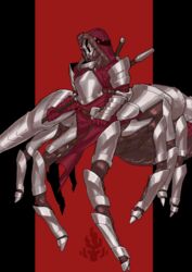  1boy arachne_boy armor arthropod_boy clenched_hand commentary_request gloves hachikyaku_rozunieru highres holding holding_polearm holding_weapon lance male_focus masago_shirou monster_boy pixiv_fantasia pixiv_fantasia_last_saga polearm simple_background spider_boy standing sword taur weapon 