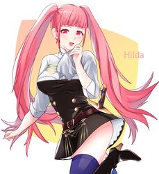  belt blue_thighhighs character_name commentary_request female fire_emblem fire_emblem:_three_houses garreg_mach_monastery_uniform high_heels highres hilda_valentine_goneril long_hair open_mouth pink_eyes pink_hair simple_background solo sou_mei thighhighs twintails uniform 